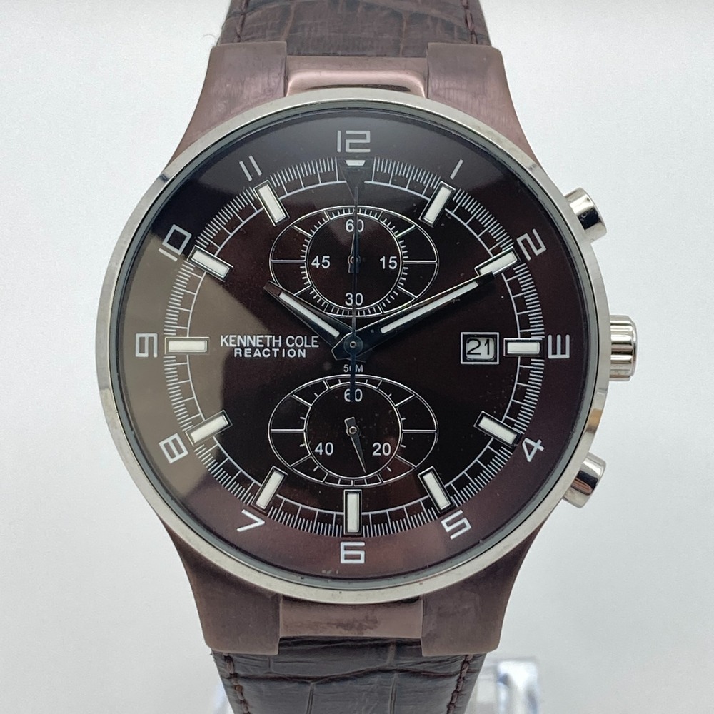 Kenneth Cole Reaction Men's Watch Chronograph 41mm Brown Date 50M New Battery 9"